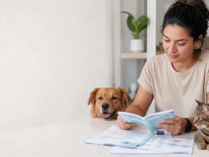 Tutora organizando documentos de saúde de um cão e um gato.
