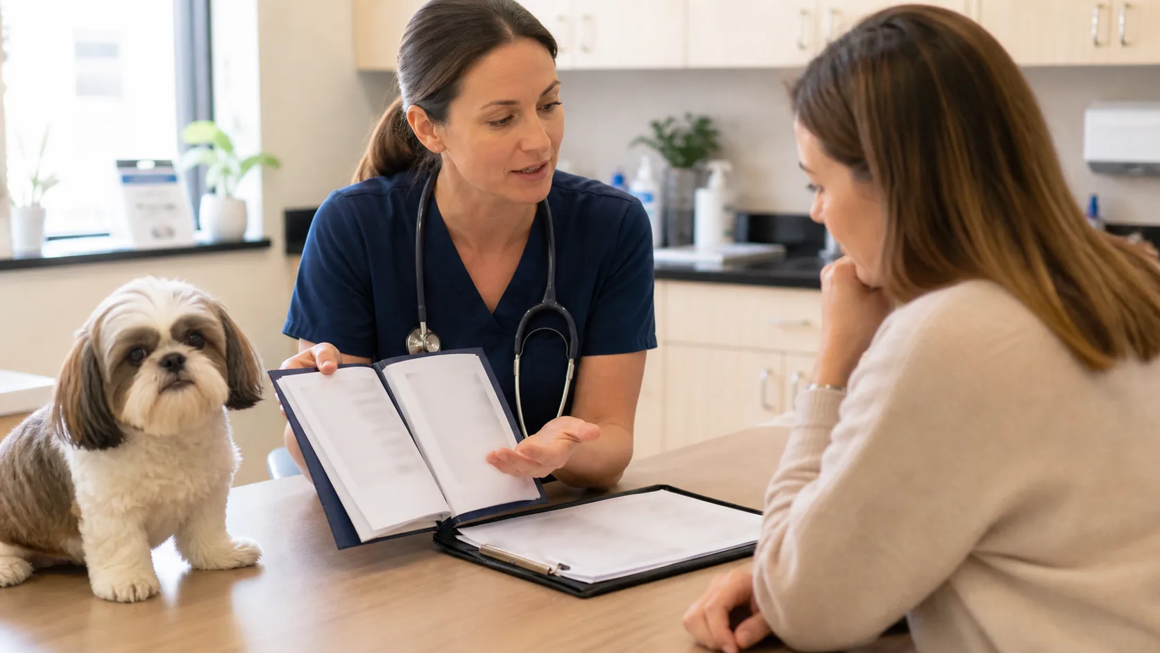 Médica veterinária orientando tutora sobre documentos de saúde do pet.