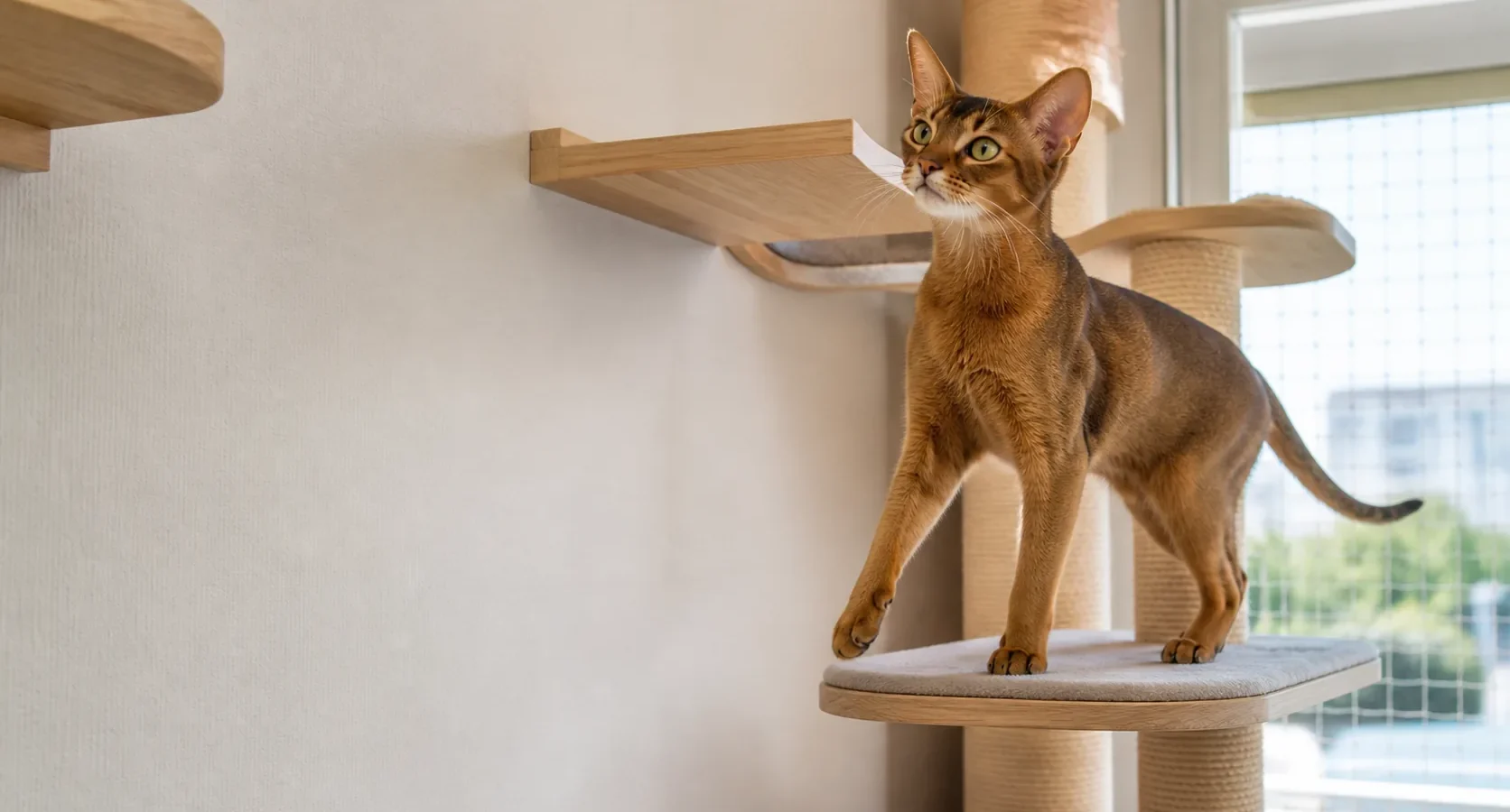 Gato Abissínio explorando arranhador e prateleira segura em casa.