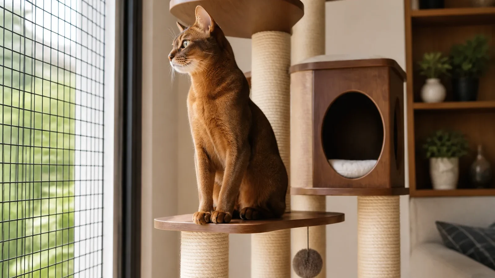 Gato Abissínio em estrutura vertical segura perto de janela telada.