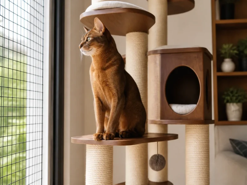 Gato Abissínio em estrutura vertical segura perto de janela telada.