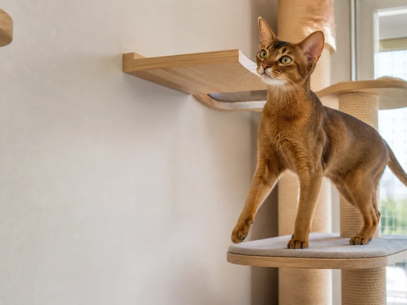 Gato Abissínio explorando arranhador e prateleira segura em casa.