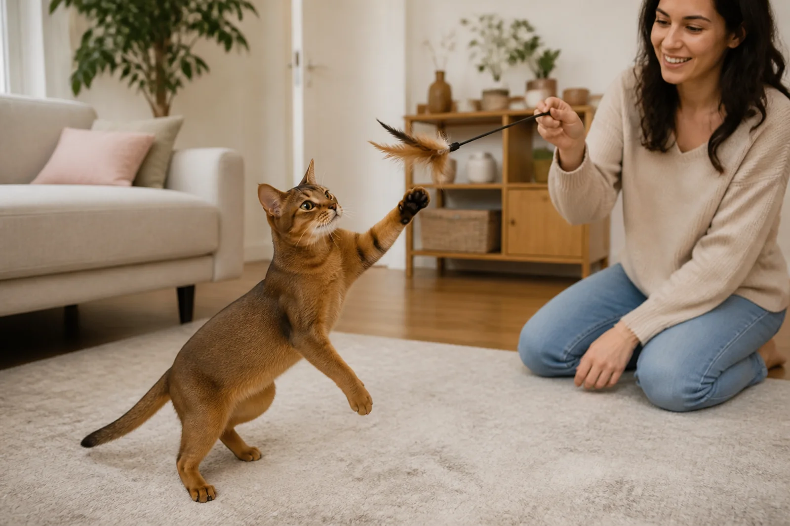 Gato Abissínio brincando com varinha sob supervisão em casa.