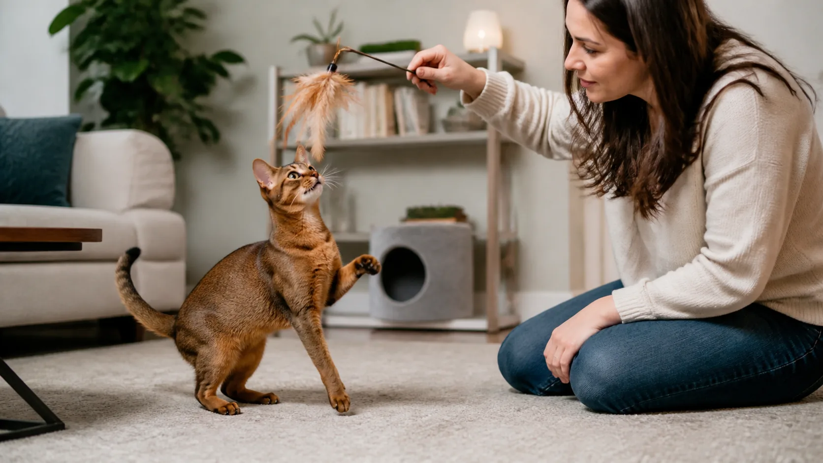 Tutora brincando com gato Abissínio usando varinha sob supervisão.