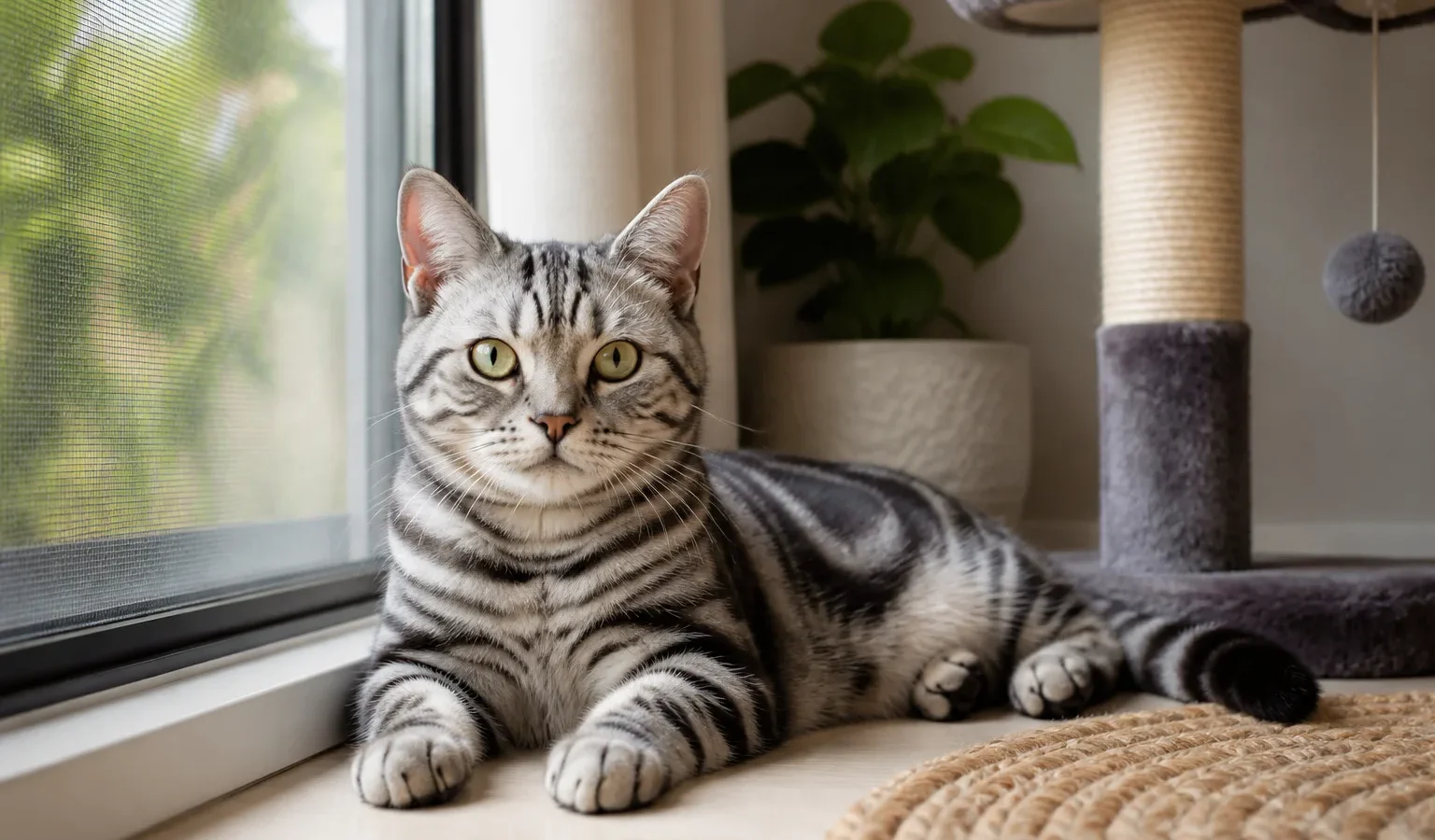 Gato American Shorthair descansando em ambiente doméstico seguro junto a janela telada.