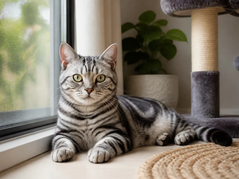 Gato American Shorthair descansando em ambiente doméstico seguro junto a janela telada.