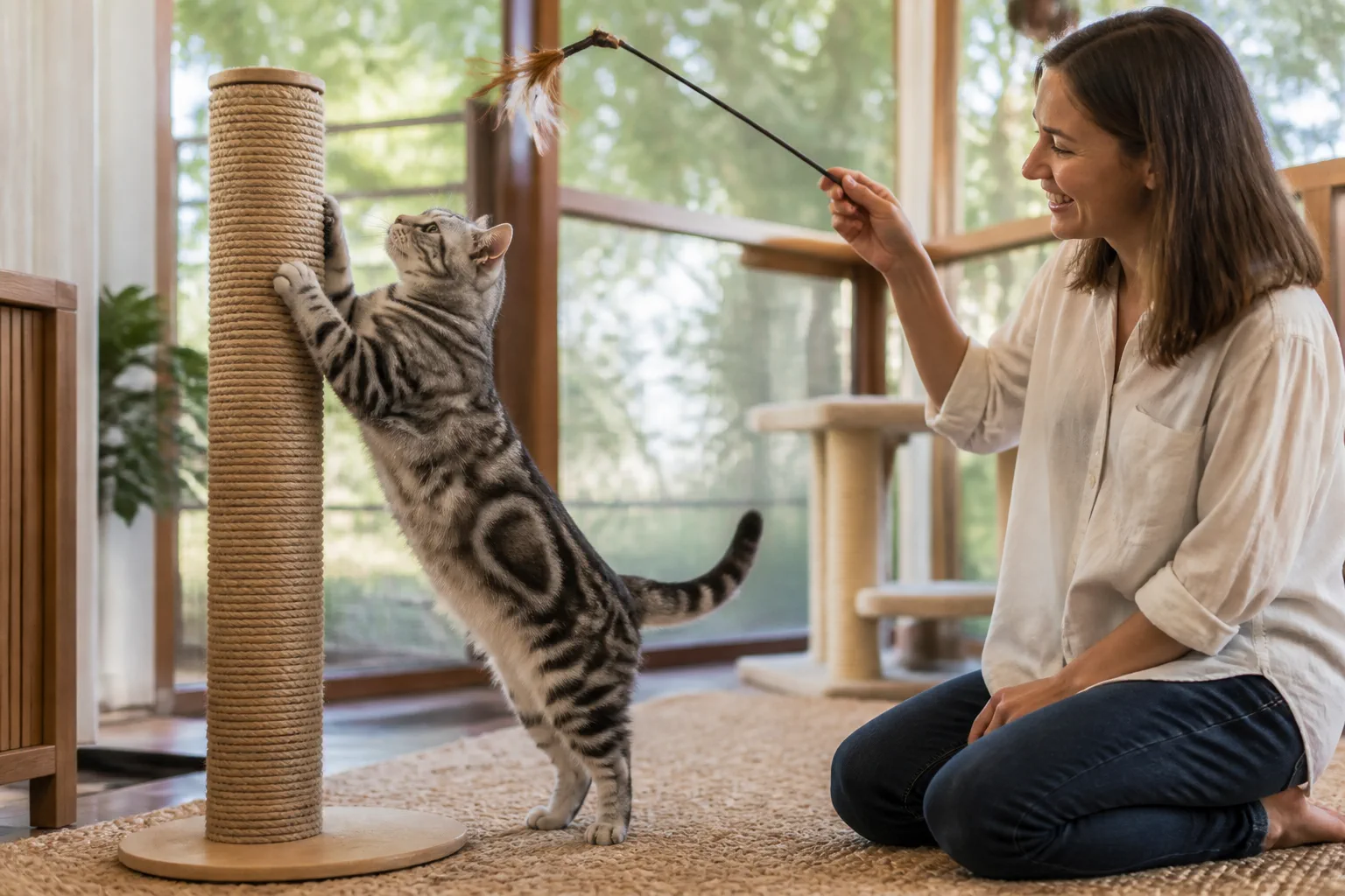 Gato American Shorthair brincando em arranhador com tutora presente.
