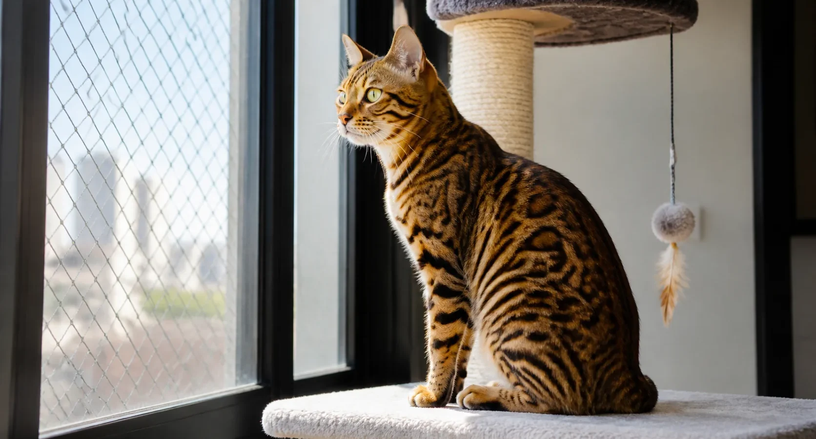 Gato de Bengala em árvore para gatos ao lado de janela telada.