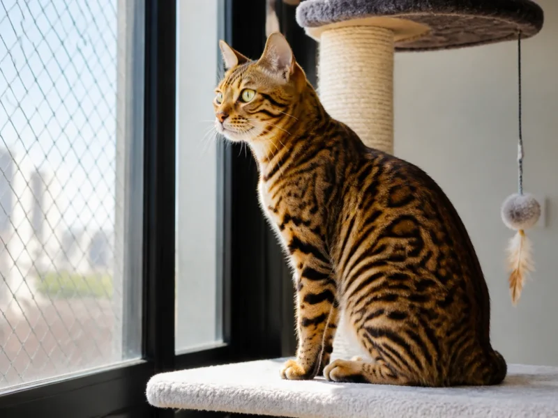 Gato de Bengala em árvore para gatos ao lado de janela telada.