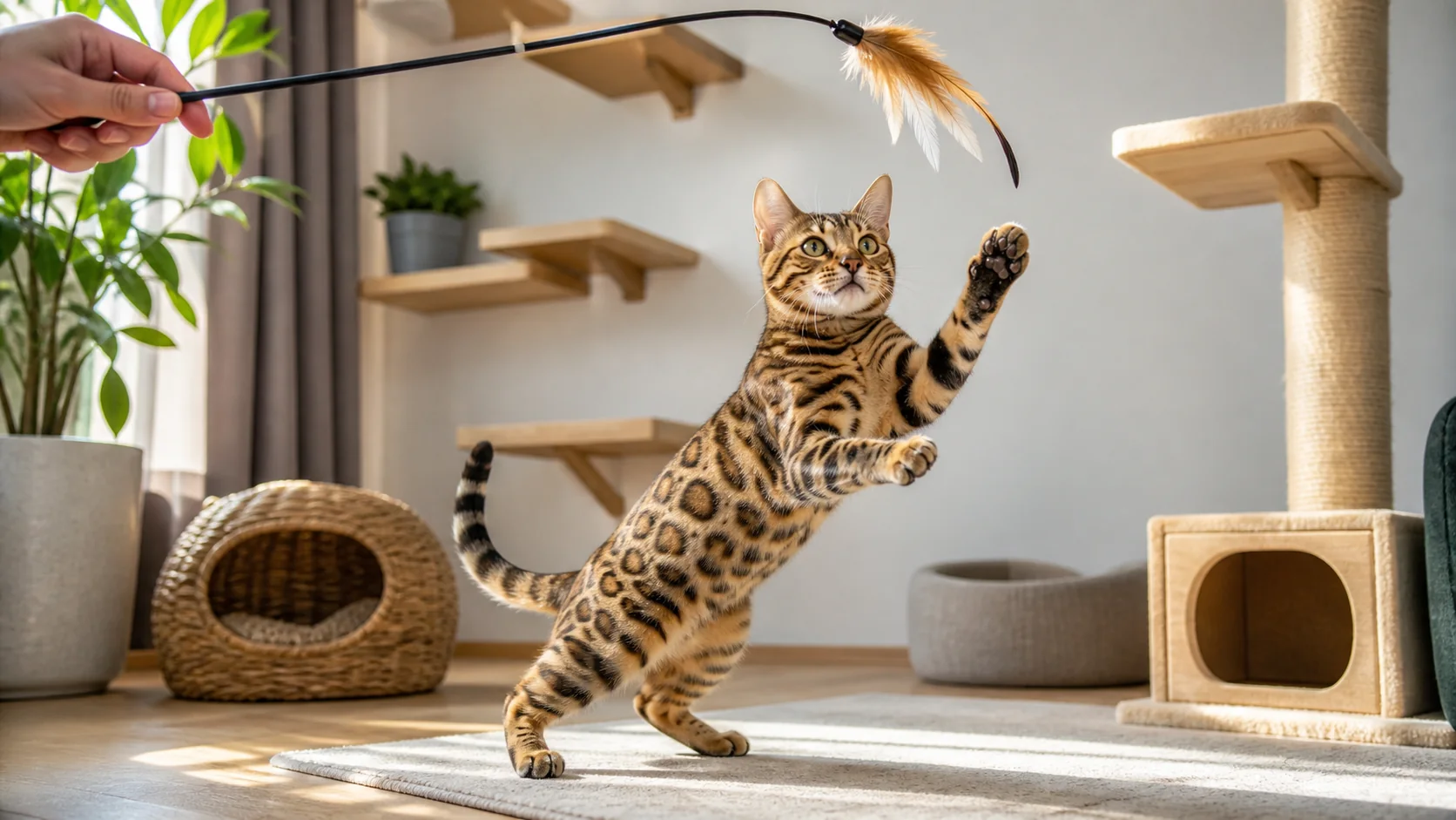 Gato de Bengala brincando com varinha em ambiente enriquecido e seguro.