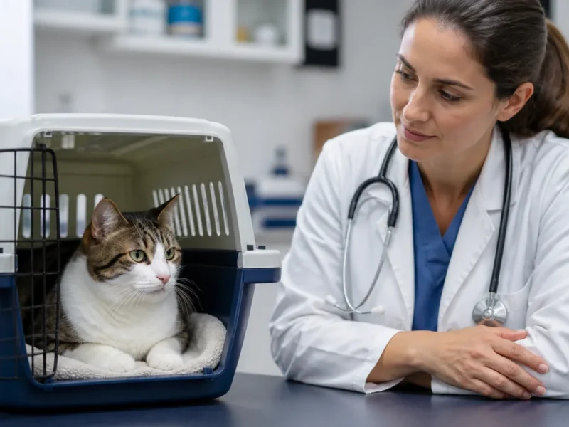 Gato em caixa de transporte durante avaliação veterinária