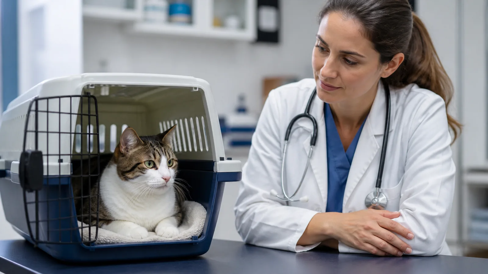 Gato em caixa de transporte durante avaliação veterinária