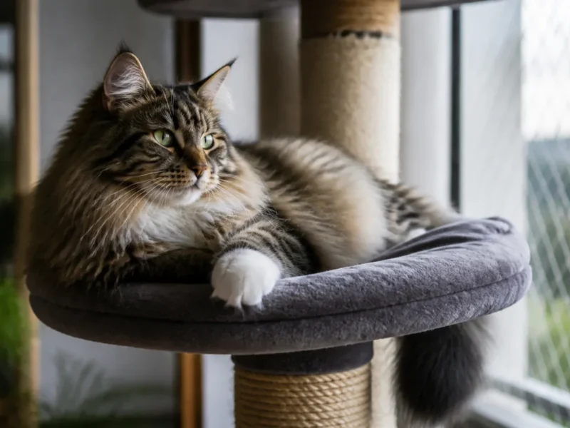 Gato Norueguês da Floresta descansando em arranhador alto junto a janela telada.