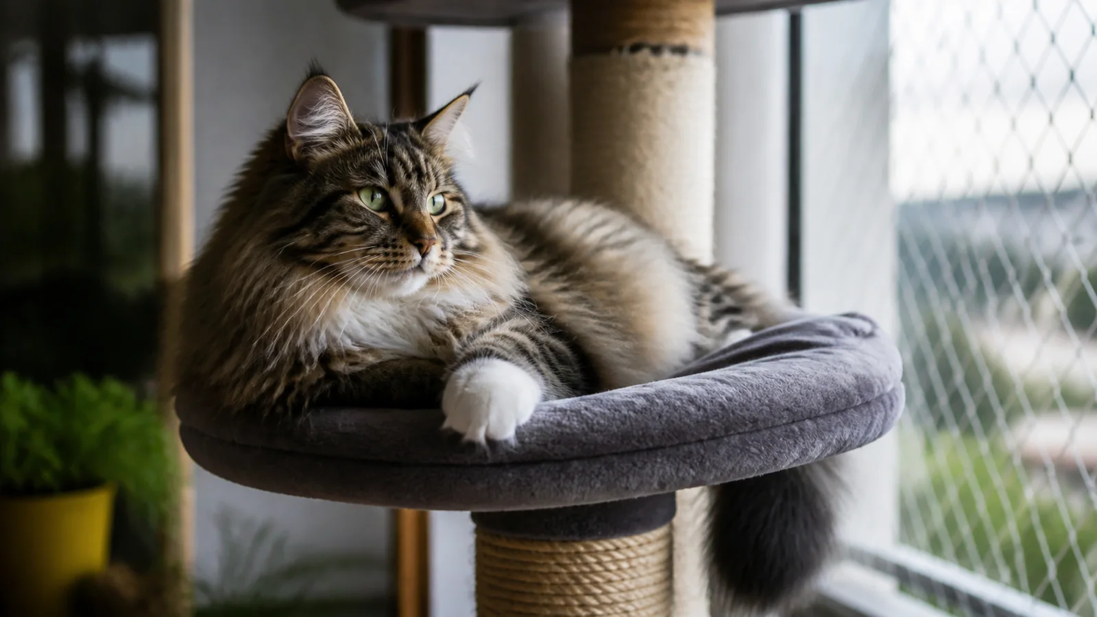 Gato Norueguês da Floresta descansando em arranhador alto junto a janela telada.
