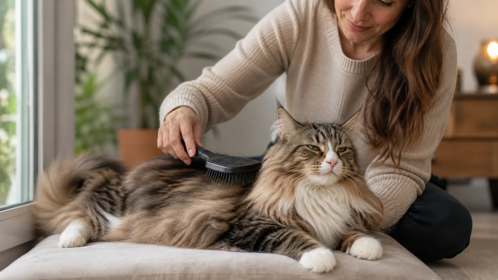 Tutora escovando Gato Norueguês da Floresta em ambiente doméstico seguro.