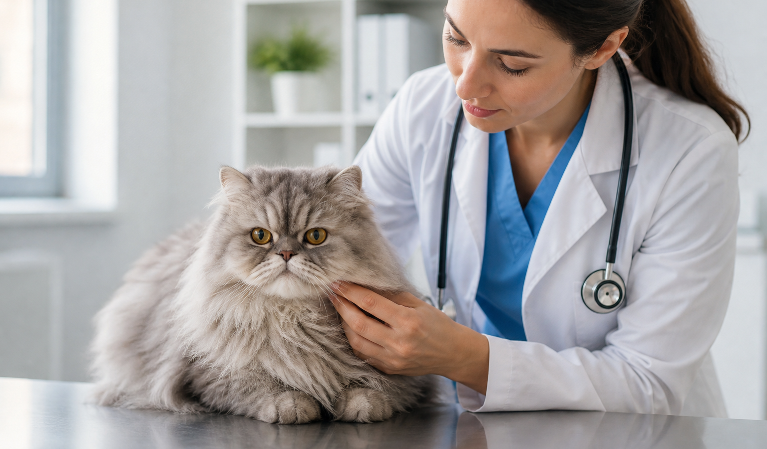 Gato Persa calmo durante avaliação veterinária