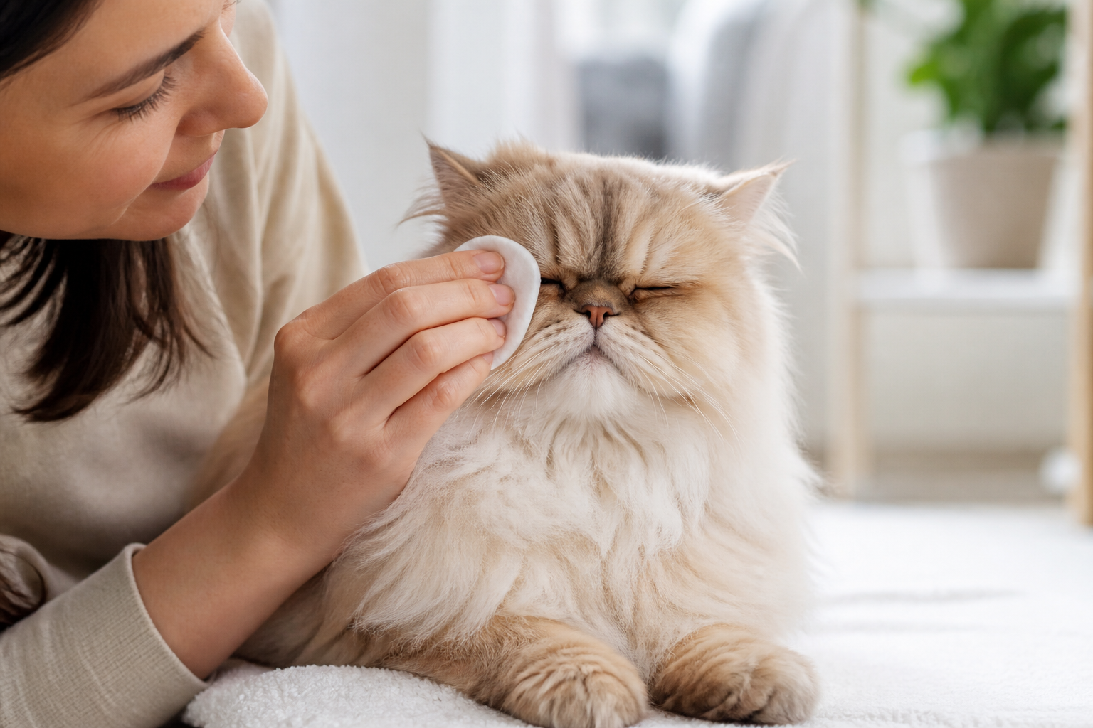 Tutor higienizando suavemente a região dos olhos de um gato Persa