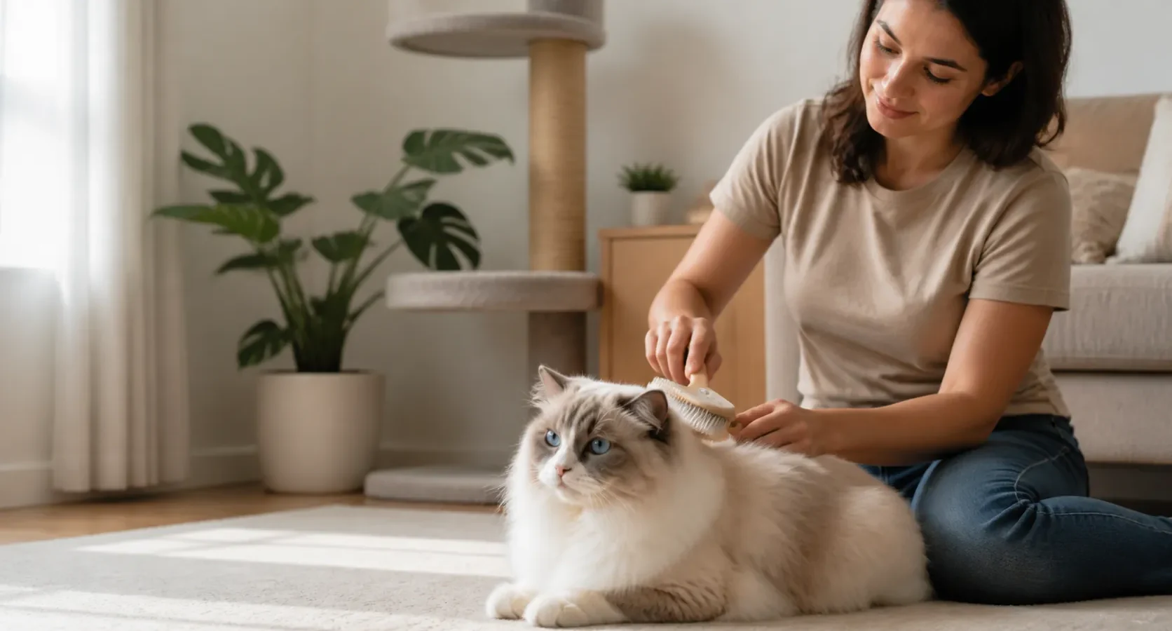 Gato Ragdoll em ambiente interno seguro e preparado para a rotina felina.