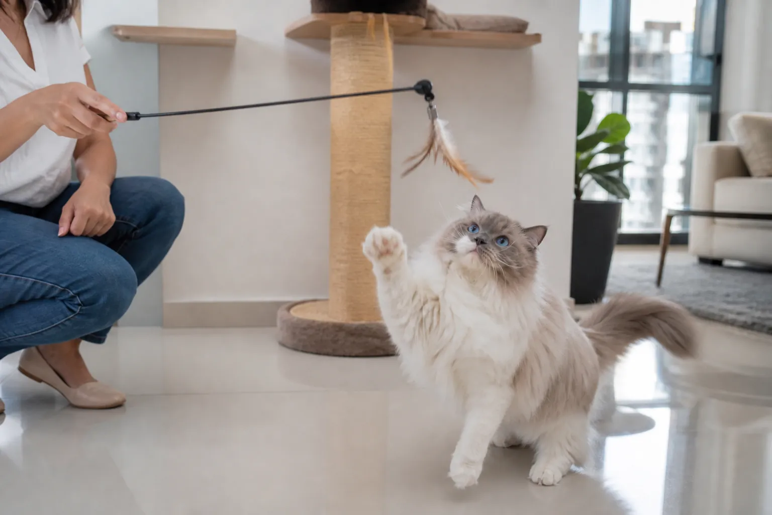Gato Ragdoll usando enriquecimento ambiental em casa.