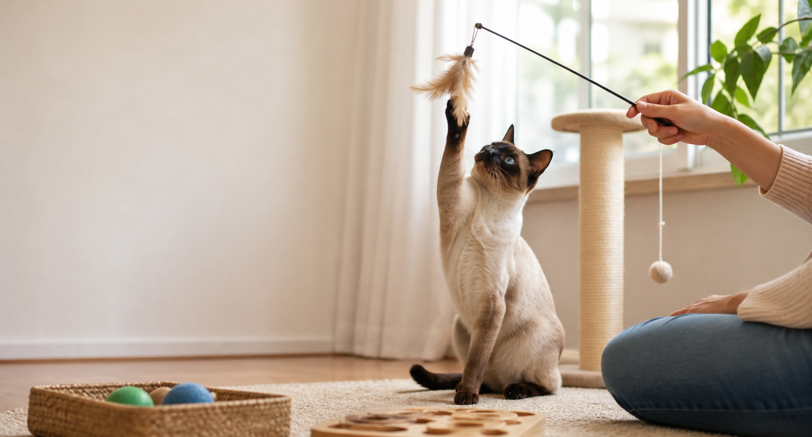 Gato siamês brinca com tutora em ambiente doméstico enriquecido