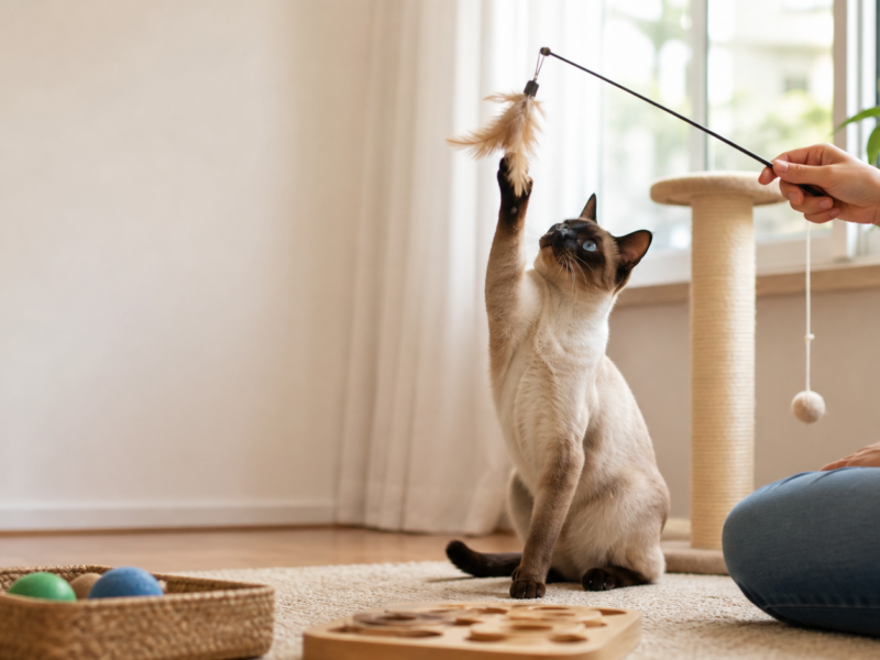 Gato siamês brinca com tutora em ambiente doméstico enriquecido