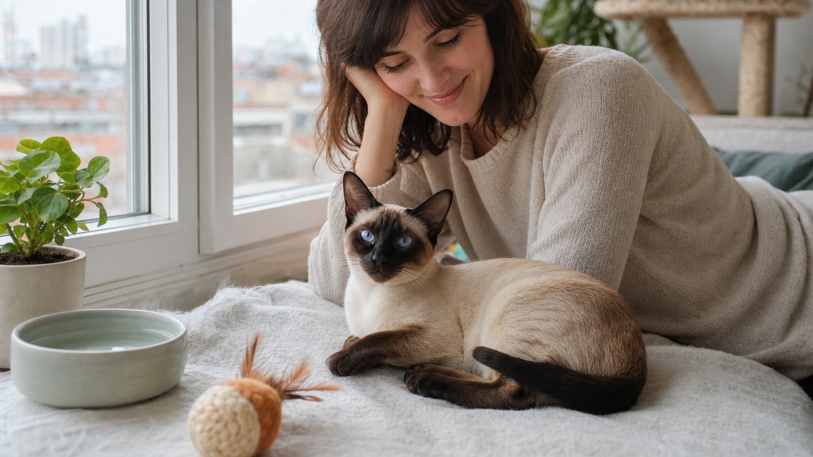 Gato siamês descansa ao lado da tutora perto de janela e brinquedo de enriquecimento