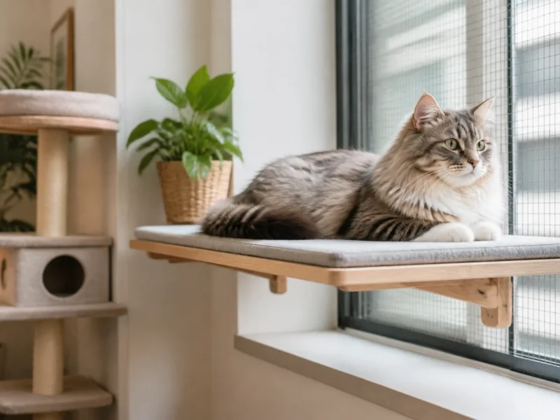Gato Siberiano descansando perto de janela telada em ambiente seguro.