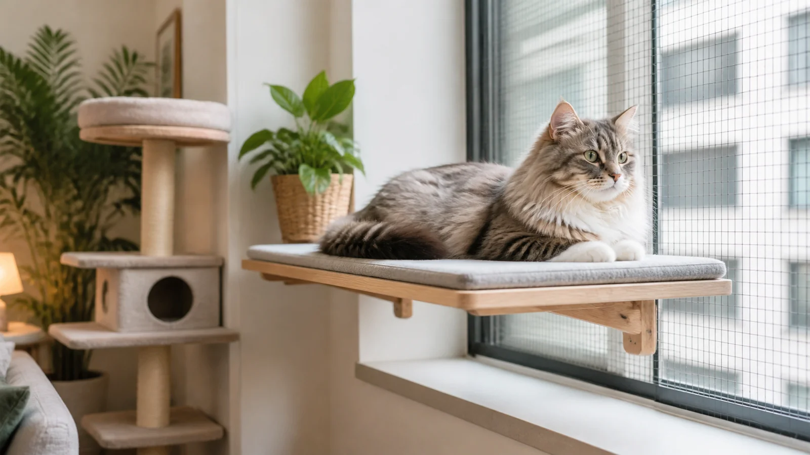 Gato Siberiano descansando perto de janela telada em ambiente seguro.