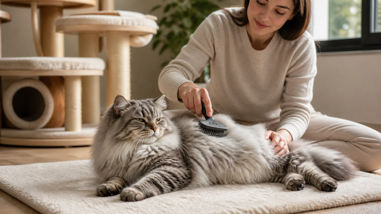 Tutora escovando pelagem de gato Siberiano em sessão calma.