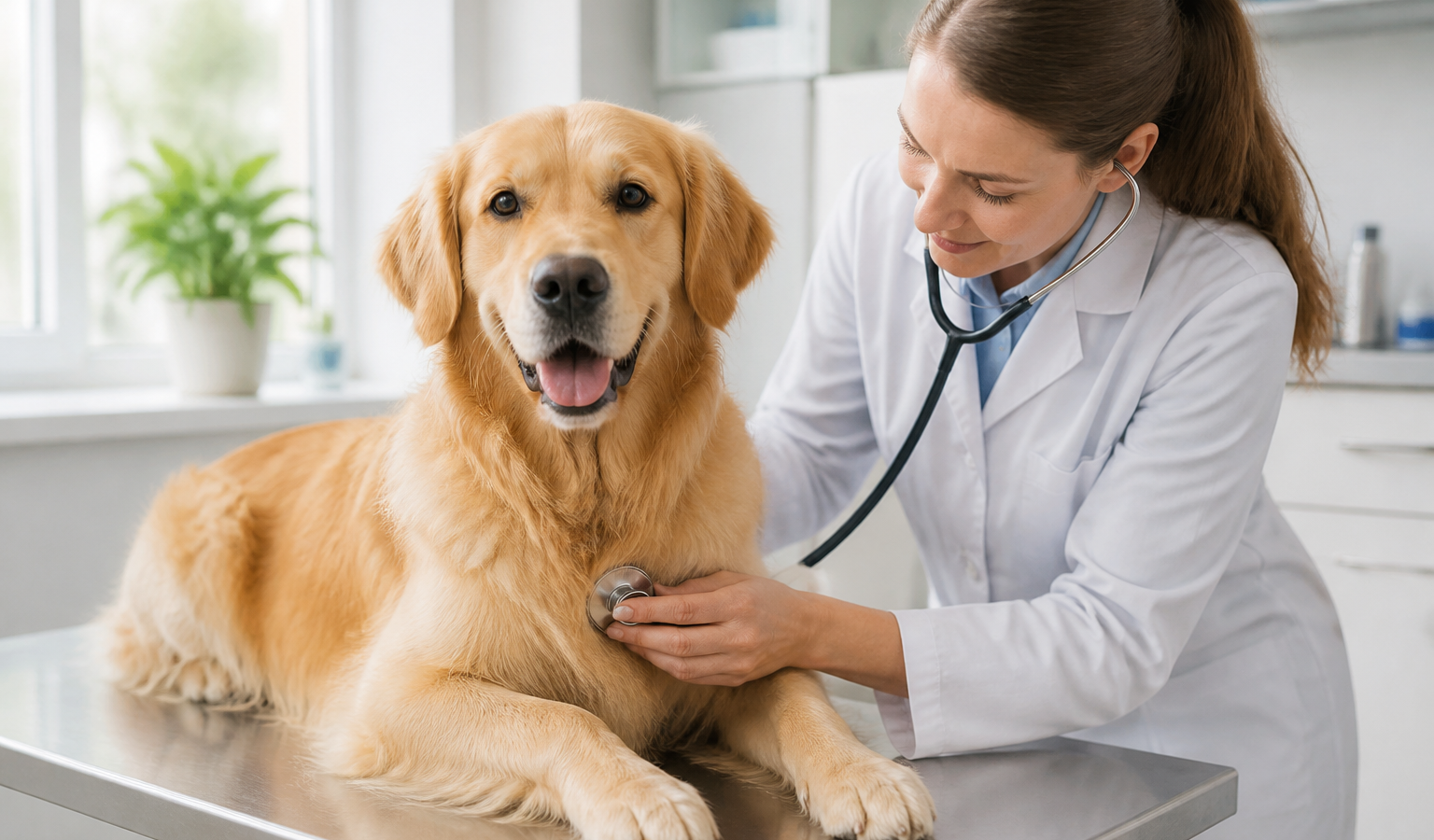Golden Retriever adulto em consulta veterinária preventiva