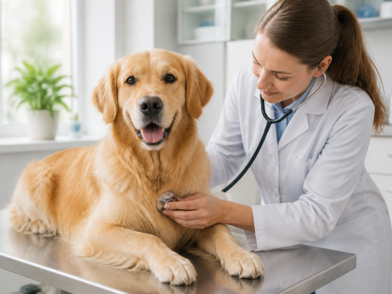 Golden Retriever adulto em consulta veterinária preventiva