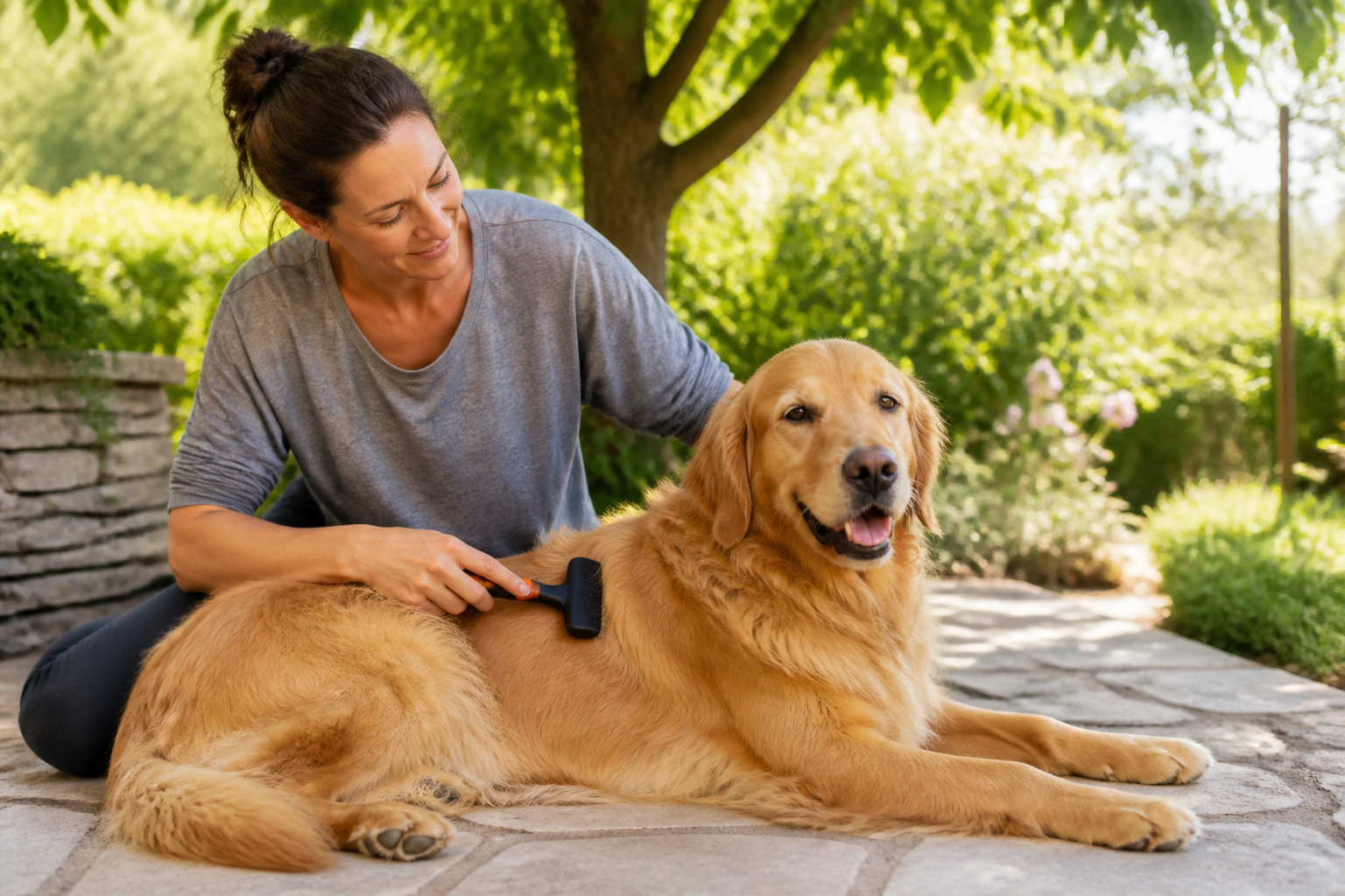 Tutor escovando a pelagem de um Golden Retriever