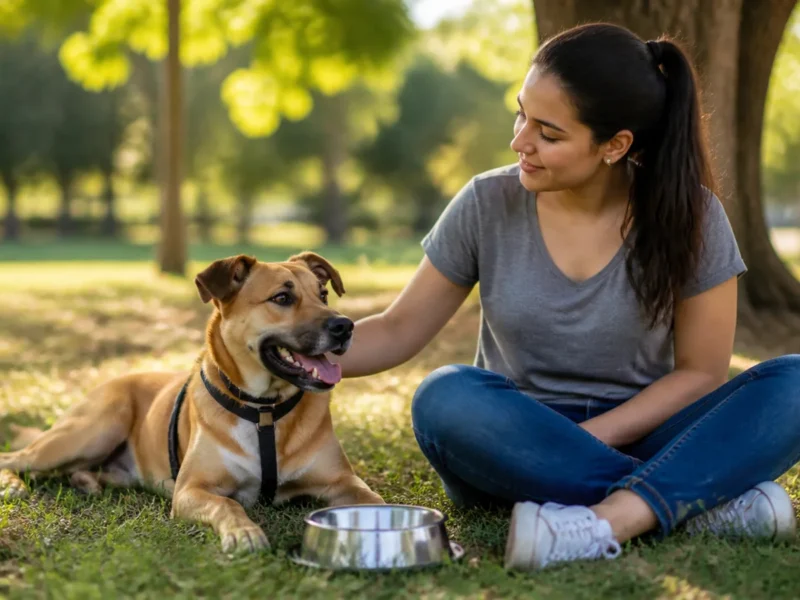 Tutora mantendo cão em local sombreado e com água disponível.