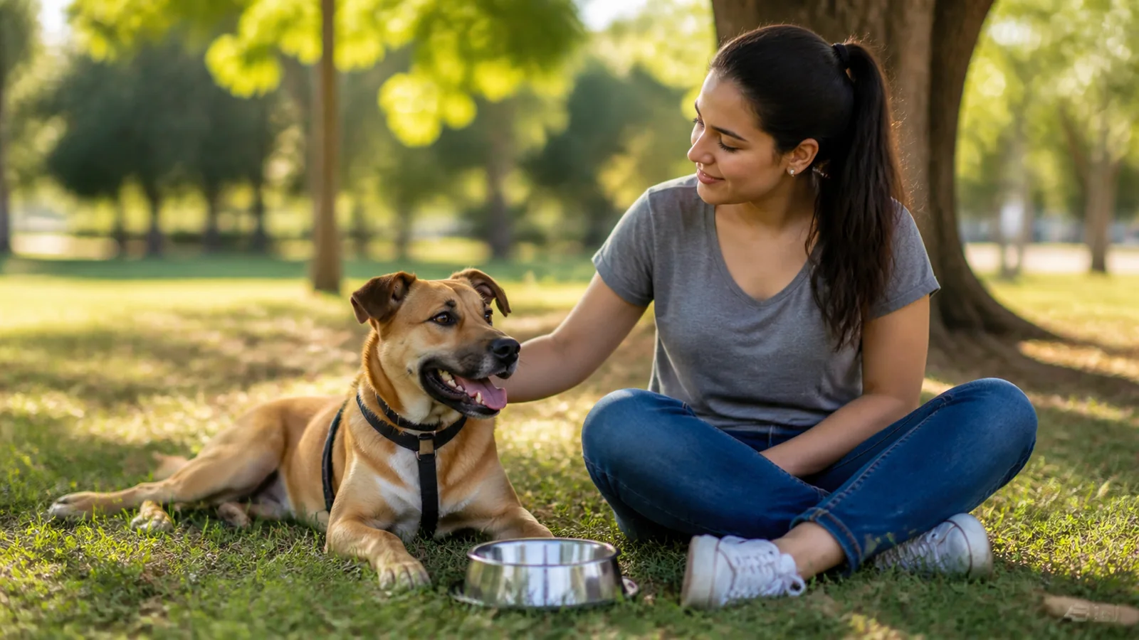 Tutora mantendo cão em local sombreado e com água disponível.