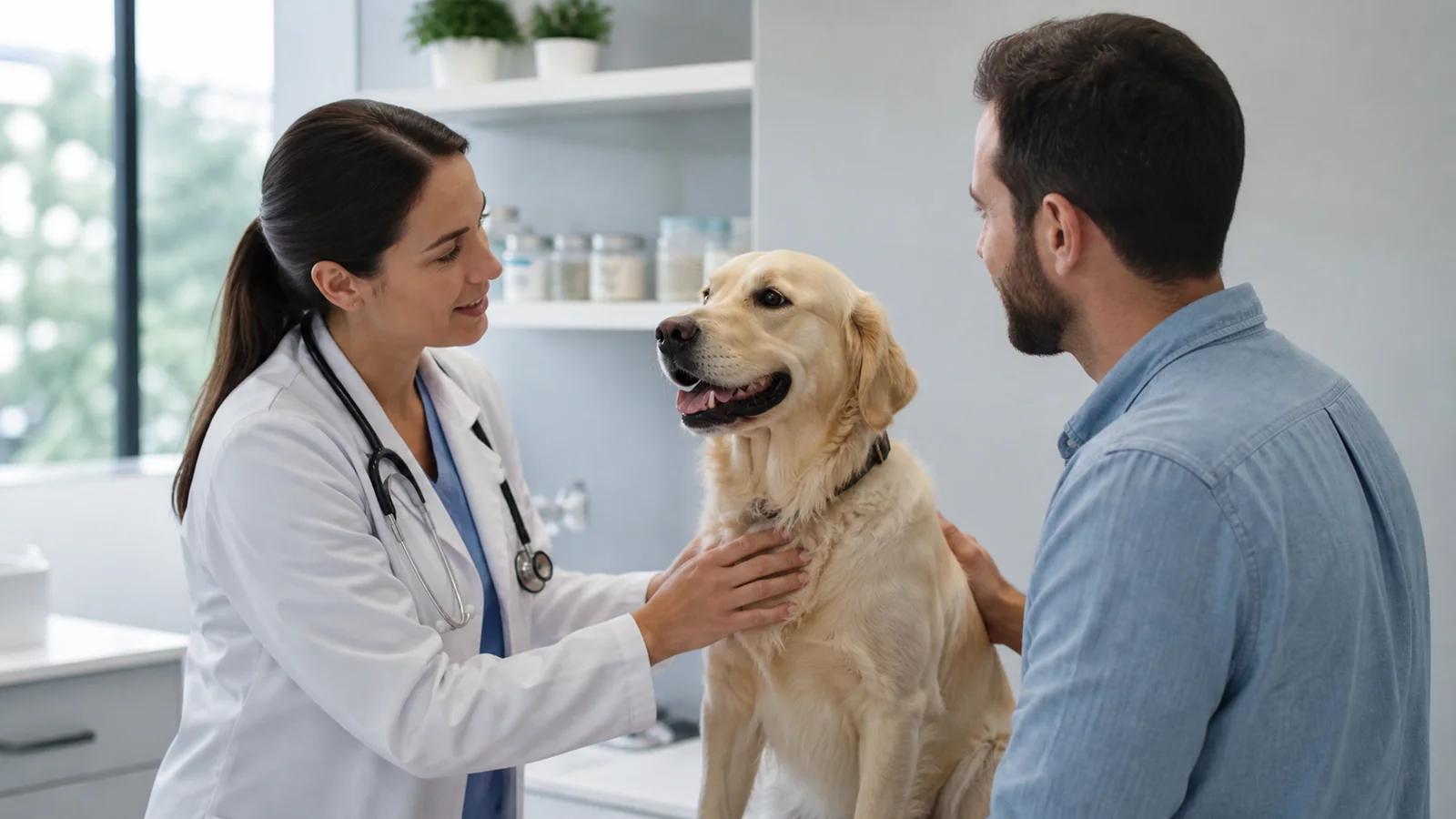 Veterinária recebendo cão e tutor para avaliação clínica.
