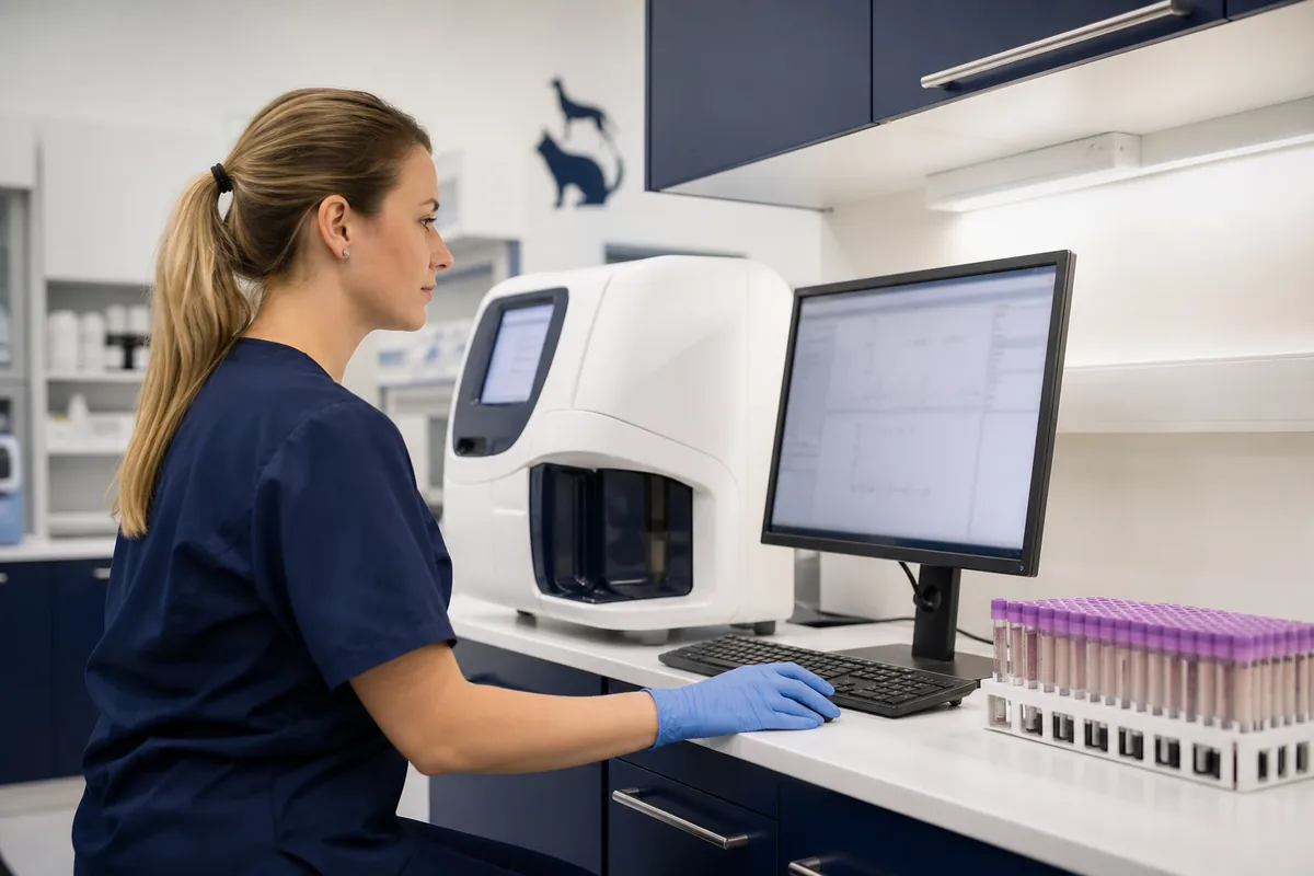 Profissional veterinária revisa análise de hemograma em laboratório veterinário