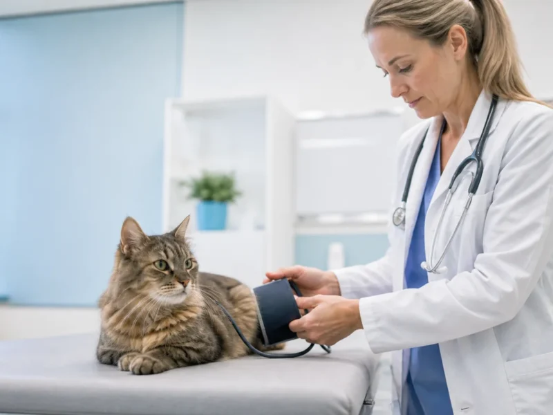 Gato maduro em consulta veterinária de acompanhamento com aferição de pressão arterial.
