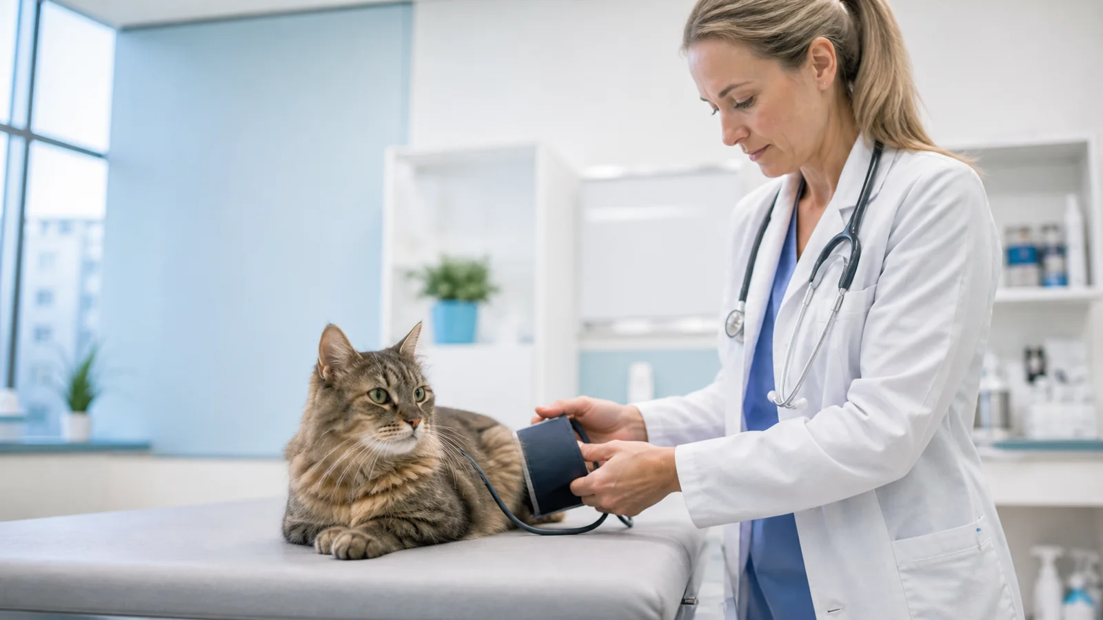 Gato maduro em consulta veterinária de acompanhamento com aferição de pressão arterial.