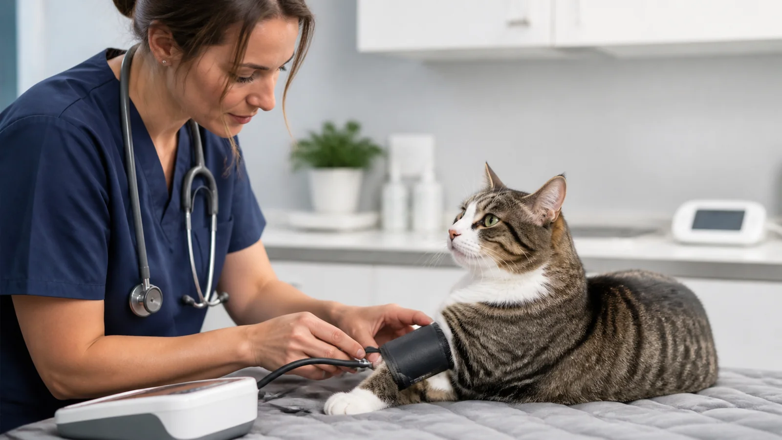 Veterinária aferindo pressão arterial de gato em ambiente tranquilo.