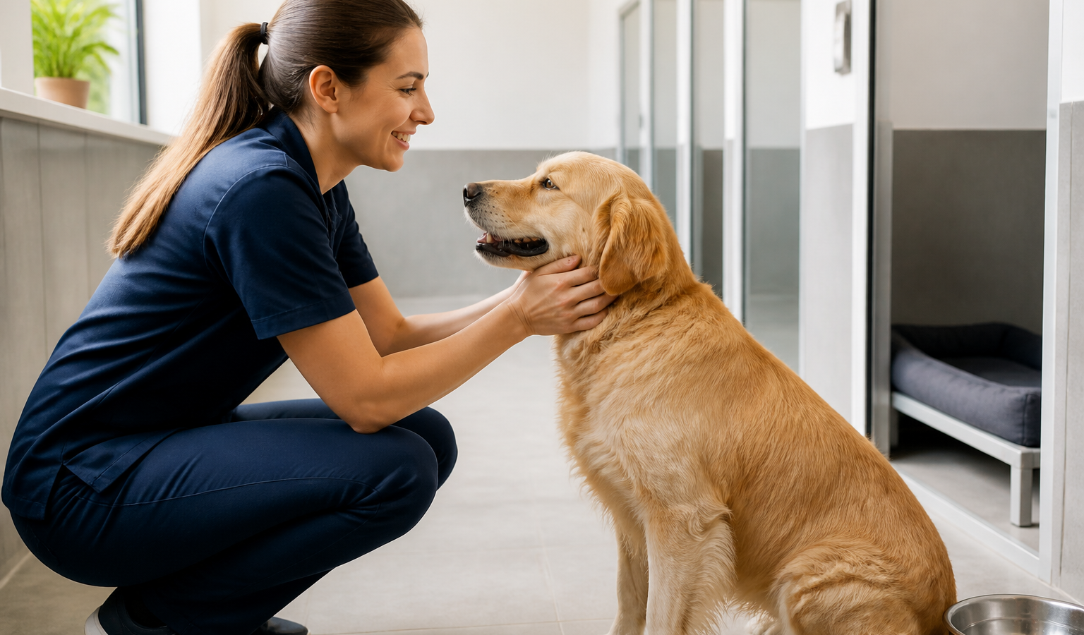 Cão tranquilo em ambiente limpo e supervisionado de hospedagem