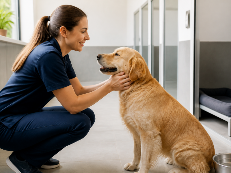 Cão tranquilo em ambiente limpo e supervisionado de hospedagem