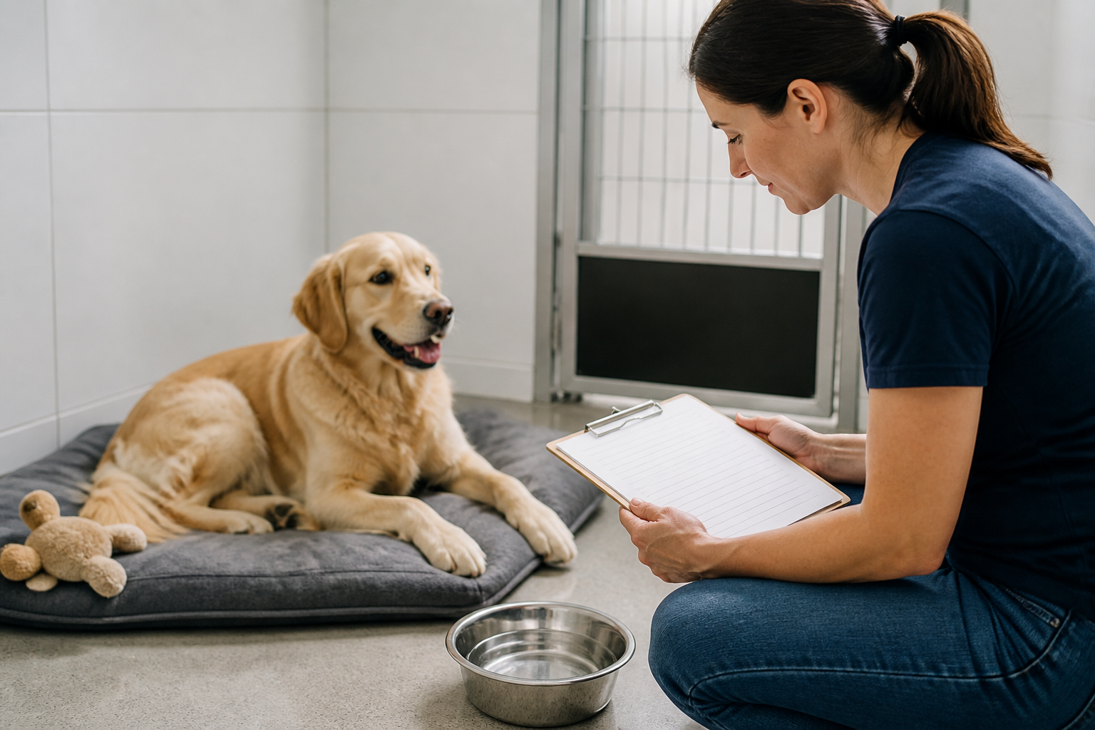 Profissional conferindo informações de saúde de cão antes da hospedagem
