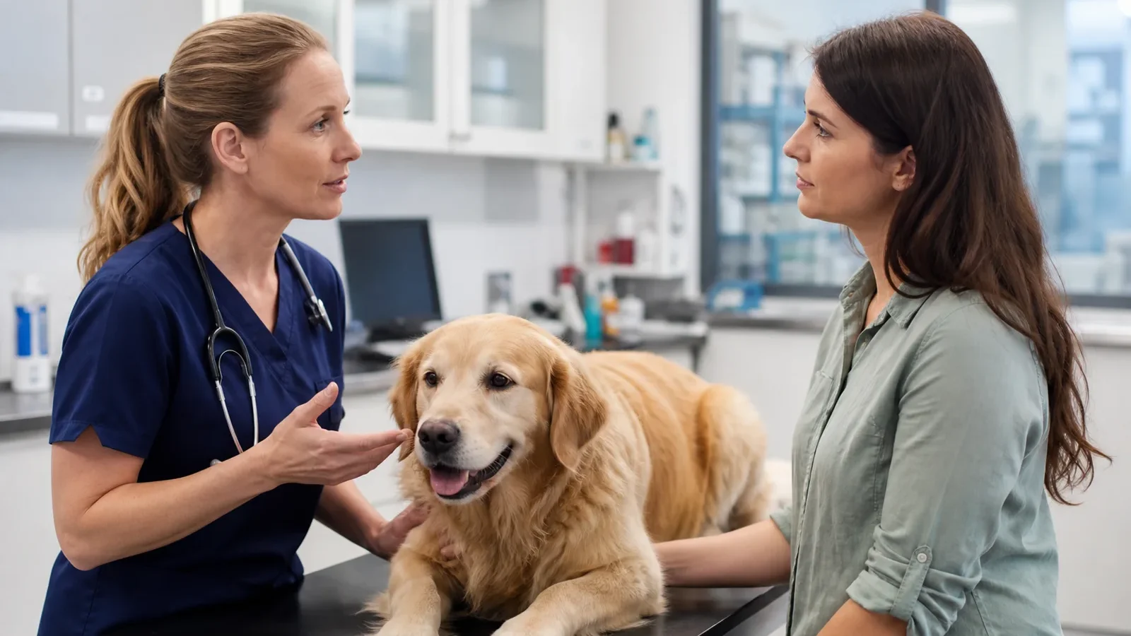 Veterinária explicando avaliação clínica de cão para tutora.