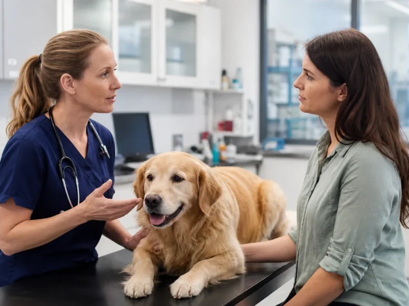Veterinária explicando avaliação clínica de cão para tutora.
