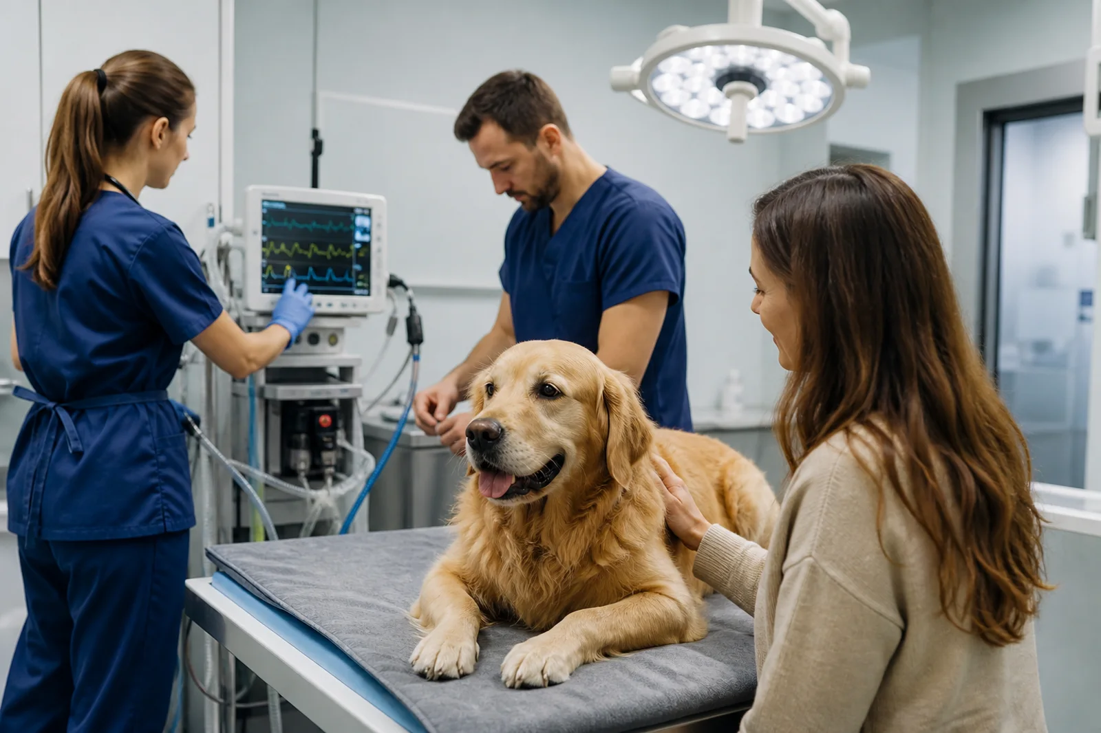 Equipe veterinária preparando ambiente de avaliação hospitalar para cão.