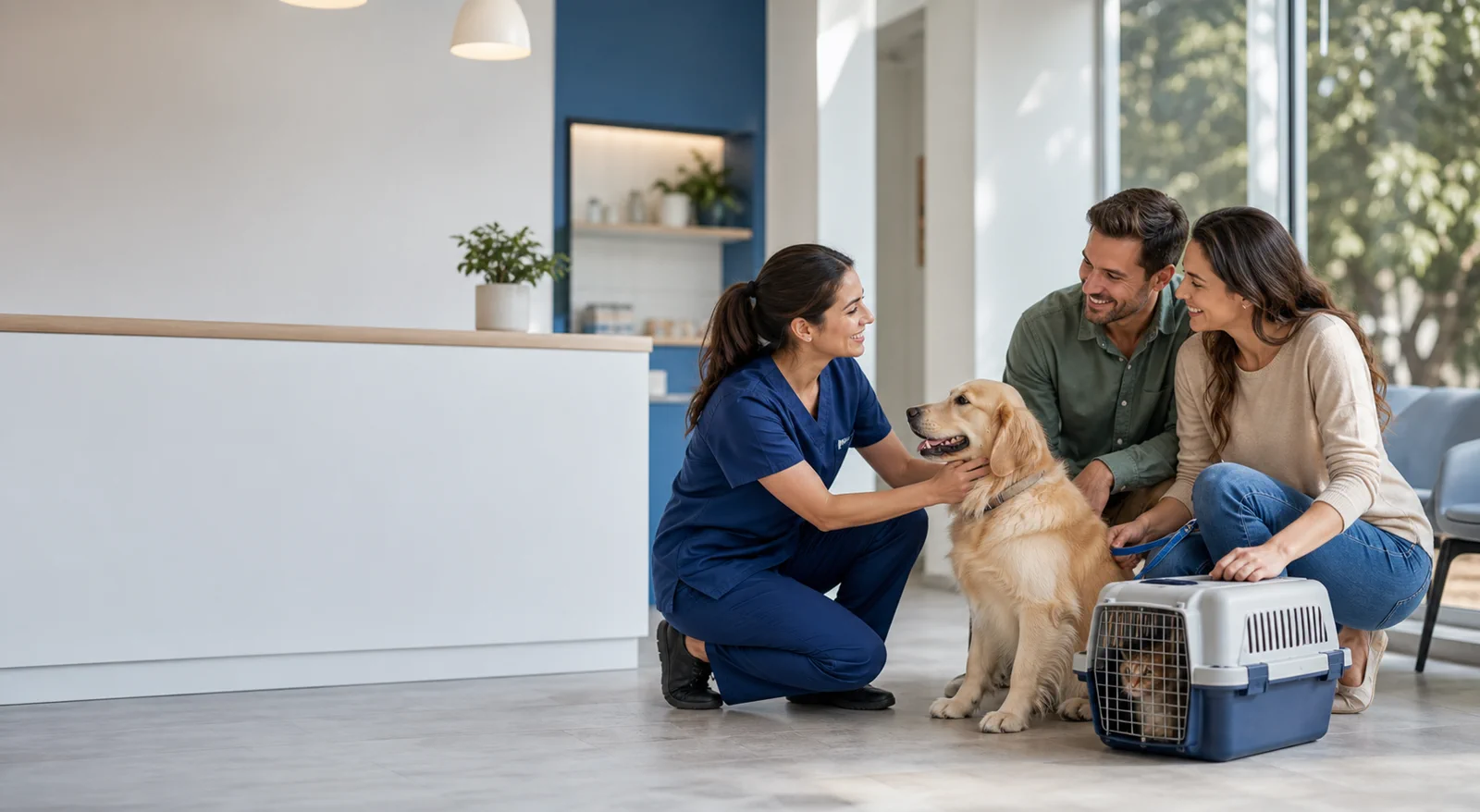 Imagem ilustrativa de equipe veterinária acolhendo tutores com cão e gato em recepção moderna