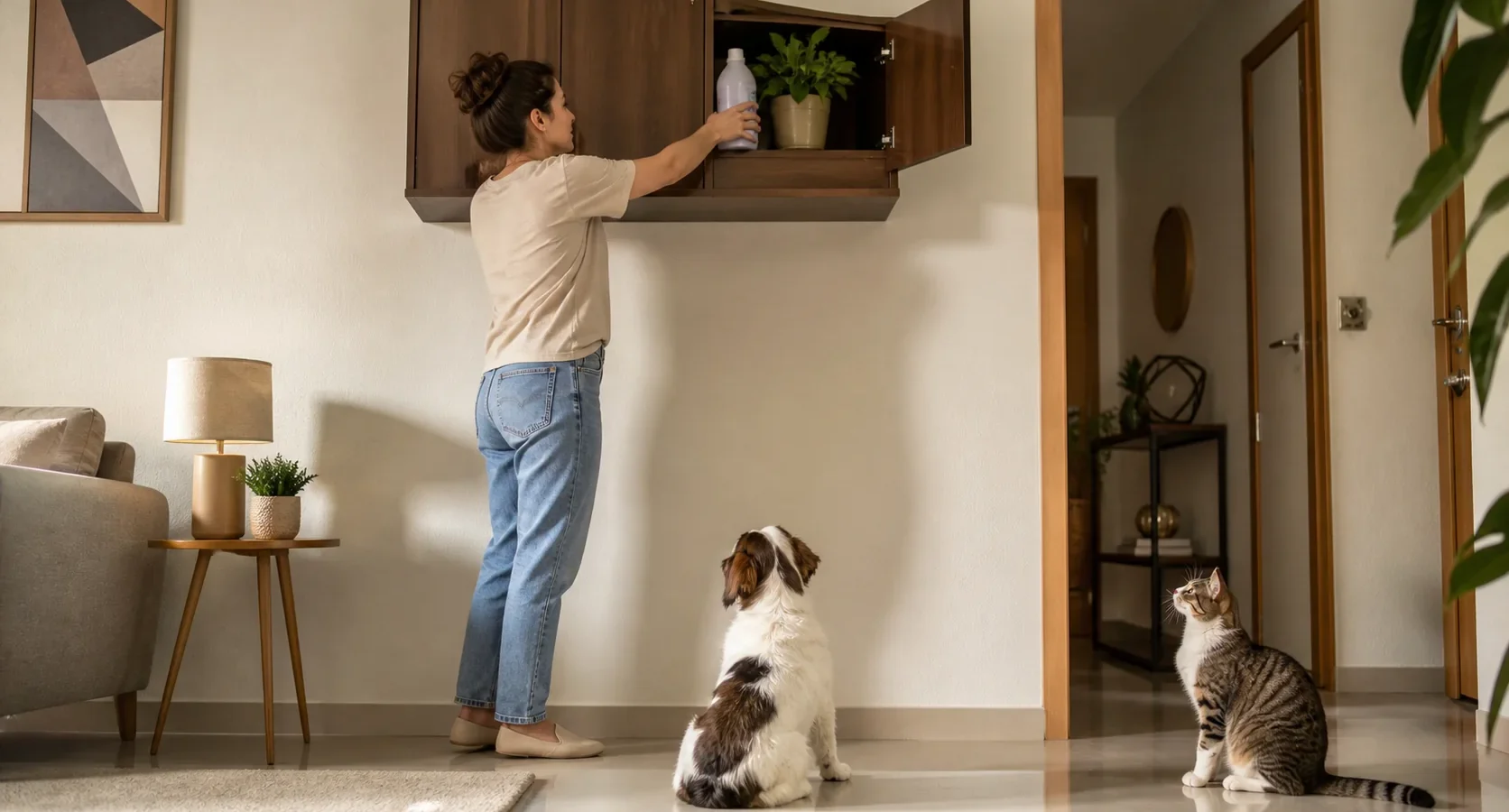 Tutora guardando produto doméstico e planta em armário alto longe de cão e gato.