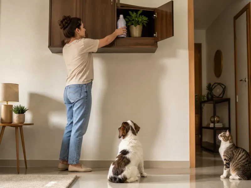 Tutora guardando produto doméstico e planta em armário alto longe de cão e gato.