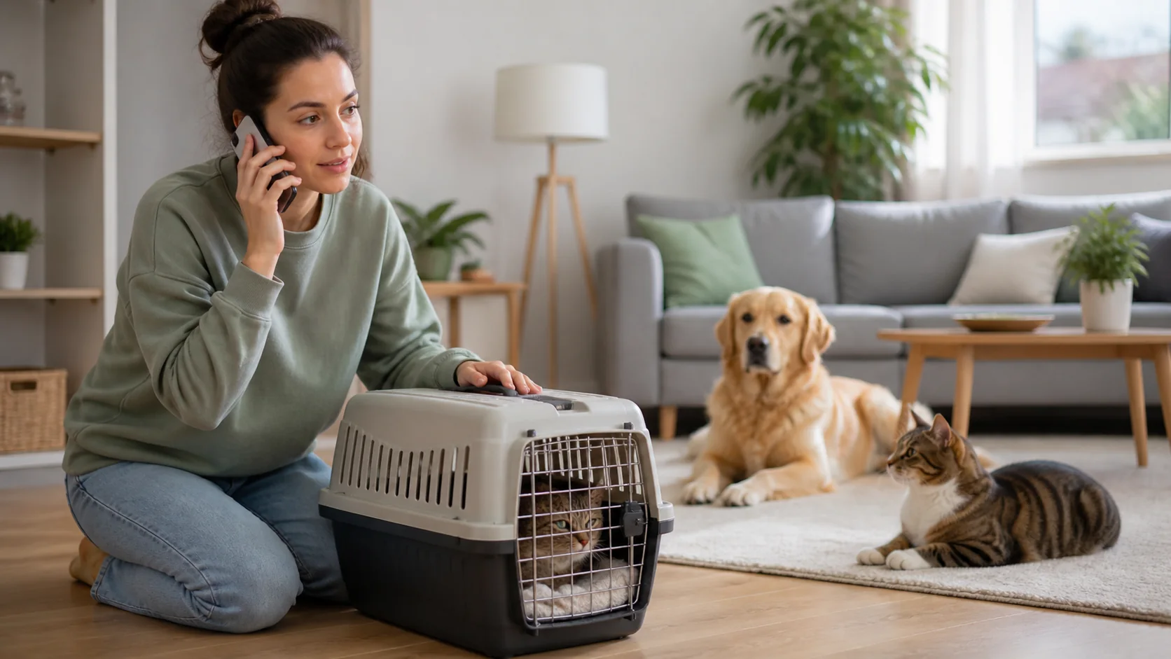 Tutora ligando para orientação ao lado de caixa de transporte, cão e gato em casa.