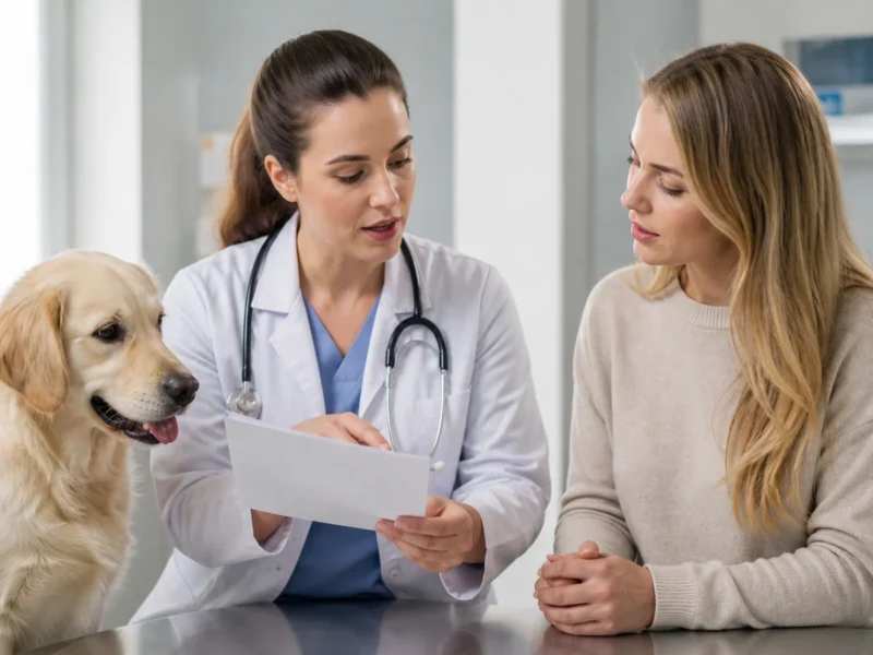Veterinária e tutora revisando pedido de exames de cão em clínica.